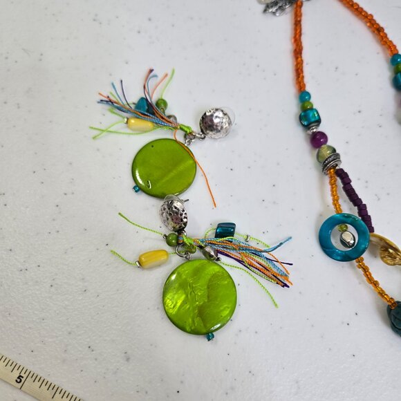Treska Necklace Earrings Set Fringe Rainbow Shell Long Statement Boho Beaded - Picture 3 of 9